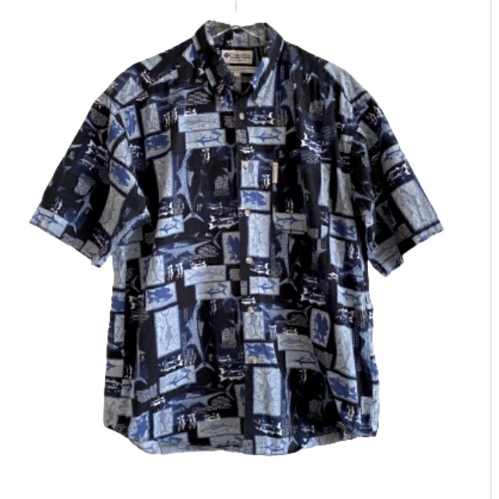 Columbia Short Sleeve Button Down Shirt Blue Fish Print Size Large
